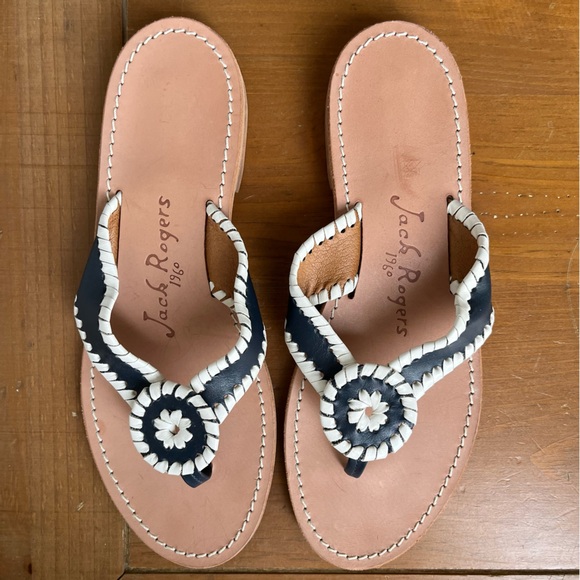 Jack Rogers Women’s Ro Leather Stitched-Trim Navy & White Sandal 7 - Picture 1 of 12